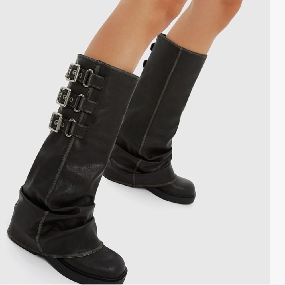 Black pleather mid calf boots